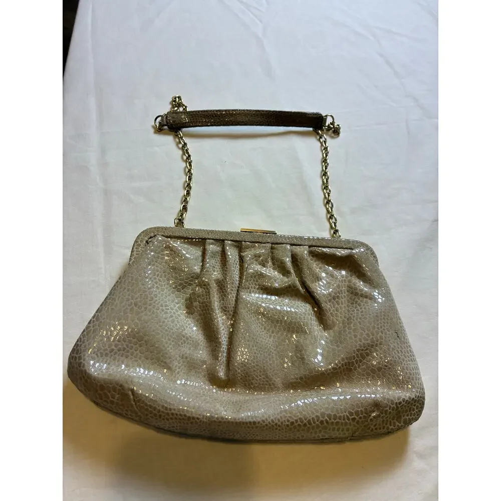 Y2K HOBO The Original Leather Frame Clutch Taupe Snakeskin Embossed Evening Bag